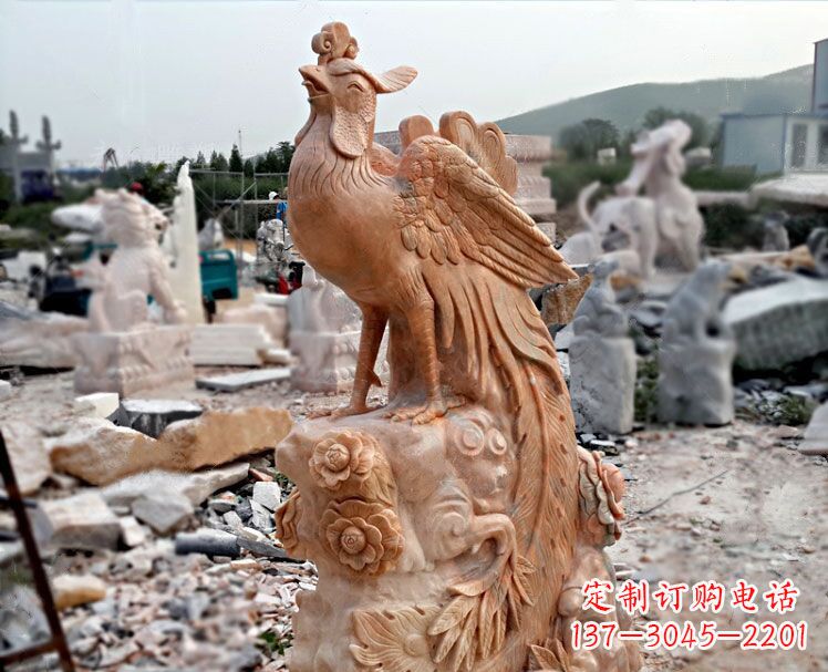 凤凰牡丹晚霞红石雕神兽动物雕塑