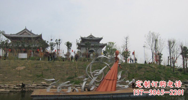公园不锈钢抽象仙鹤和仙女雕塑 (2)