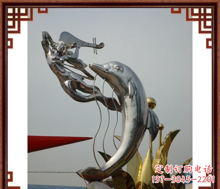 公园不锈钢弹琵琶的仙女和海豚雕塑