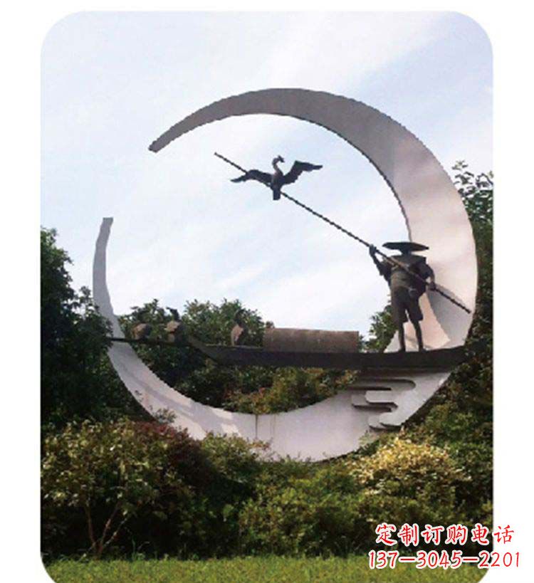 公园不锈钢鸬鹚和渔翁景观雕塑