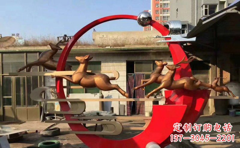 公园不锈钢梅花鹿祥云仙鹤雕塑 (2)