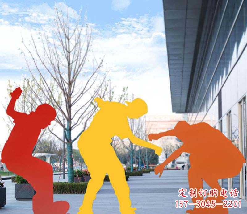 公园彩色不锈钢剪影滑板人物雕塑