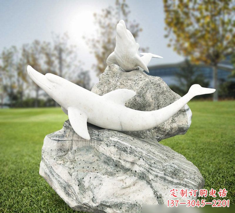 公园草白玉海豚石雕