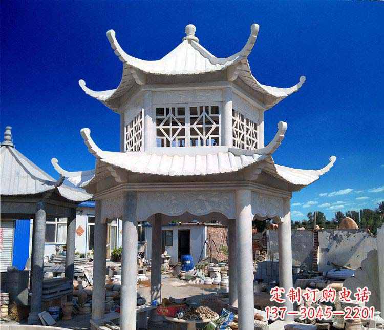 公园大理石六角石雕双层凉亭