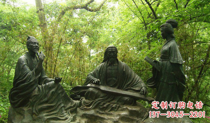公园弹琴看书的古代人物小品铜雕