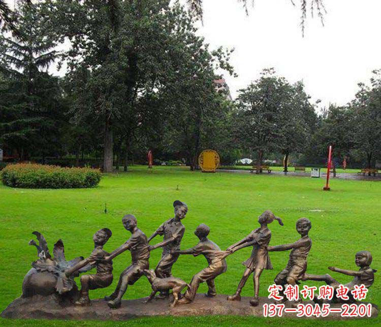 公园儿童拔萝卜人物小品铜雕 公园儿童拔萝卜人物小品铜雕