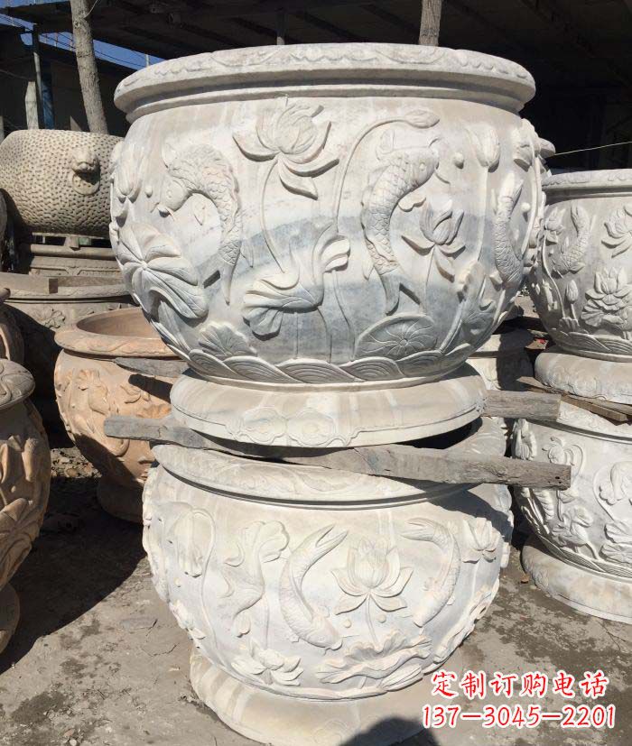 公园汉白玉连年有余浮雕圆形荷花石水缸