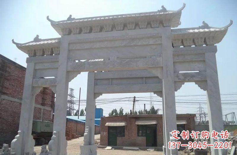公园汉白玉三门牌坊石雕