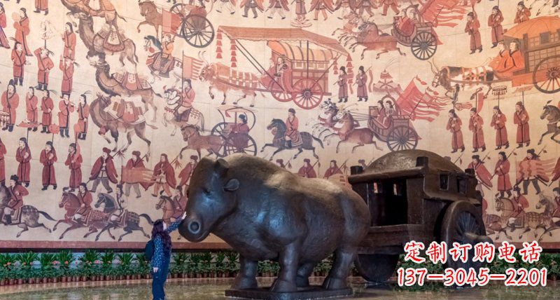 公园河马拉车景观铜雕