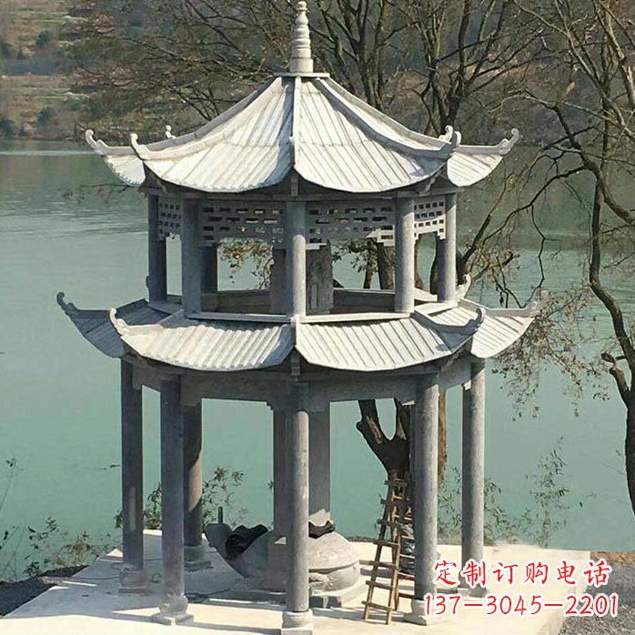 公园湖泊水景双层石雕亭子