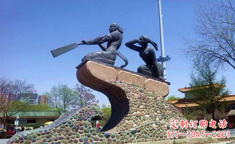 公园划船的人物景观铜雕