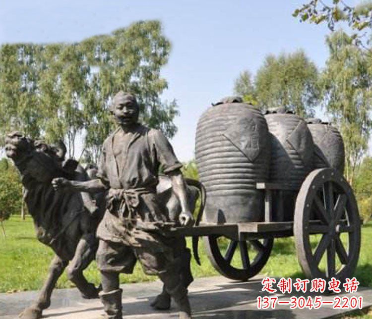 公园驾着牛车拉酒缸的古代人物小品铜雕