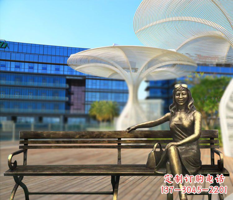 公园景观摆件坐在长椅上的女郎铜雕