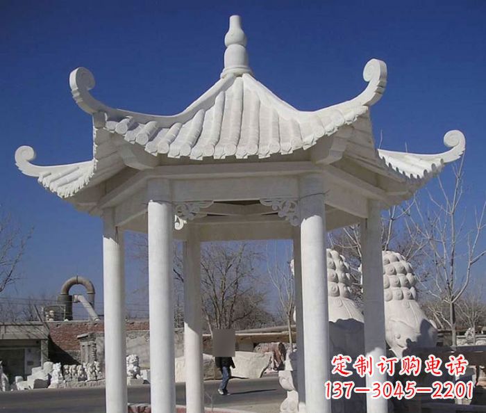 公园景观汉白玉六角石雕凉亭