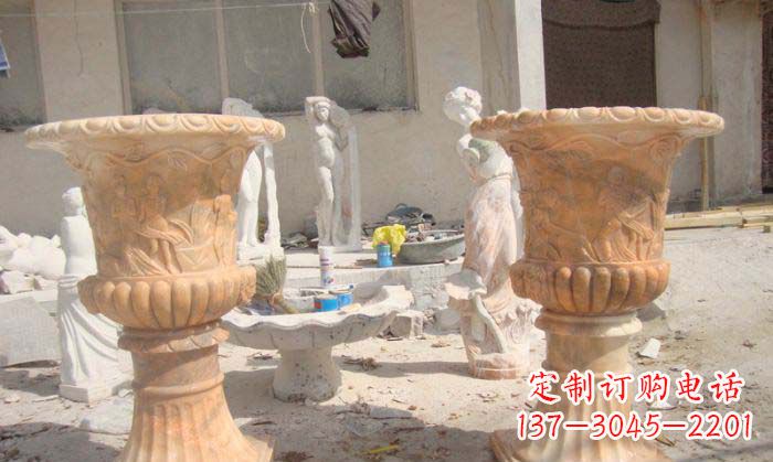 公园景观晚霞红花盆石雕