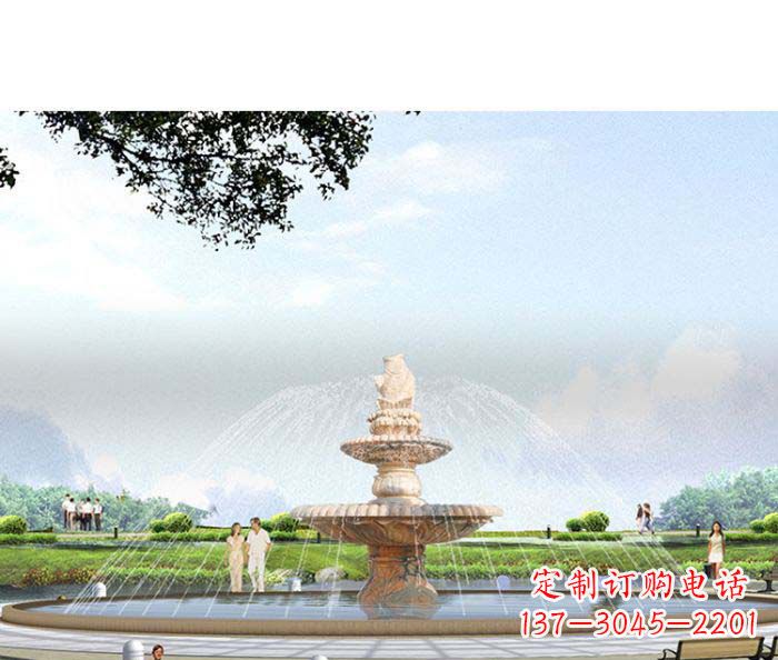 公园景观晚霞红鲤鱼喷泉石雕
