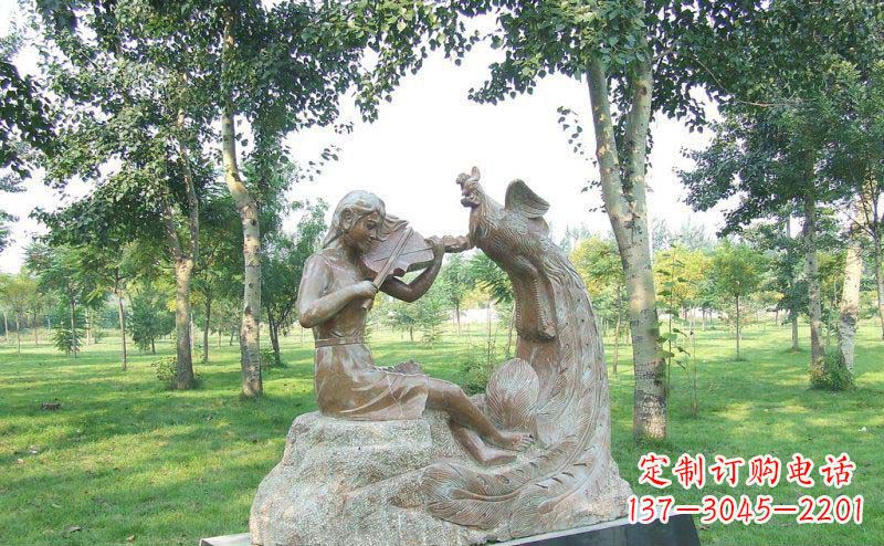公园拉小提琴的女孩和凤凰景观铜雕