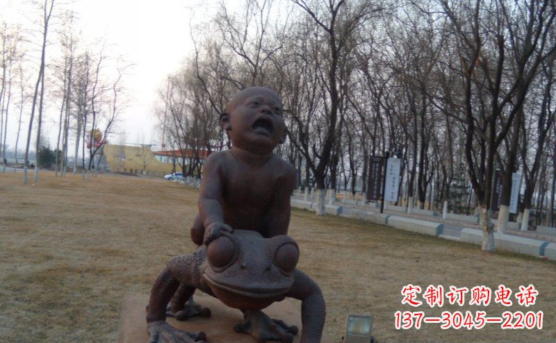 公园骑青蛙的小孩景观铜雕