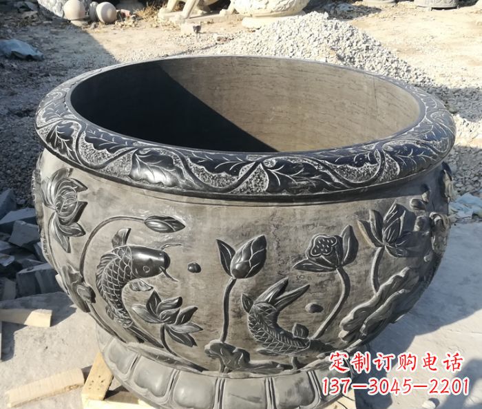 公园青石仿古连年有余石浮雕荷花水缸