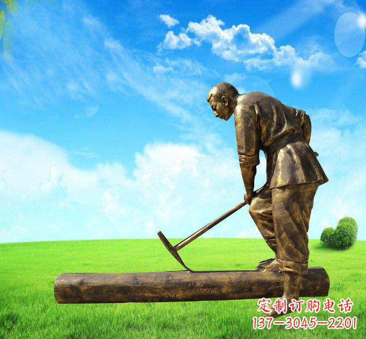公园铜雕看农民砍木材人物雕塑
