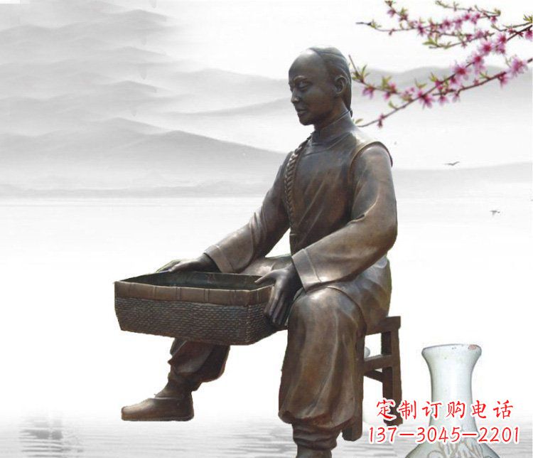 公园铜雕晒茶叶小品人物雕塑