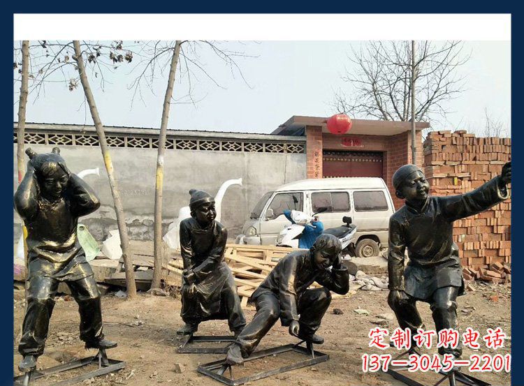 公园铜雕新年放鞭炮人物雕塑
