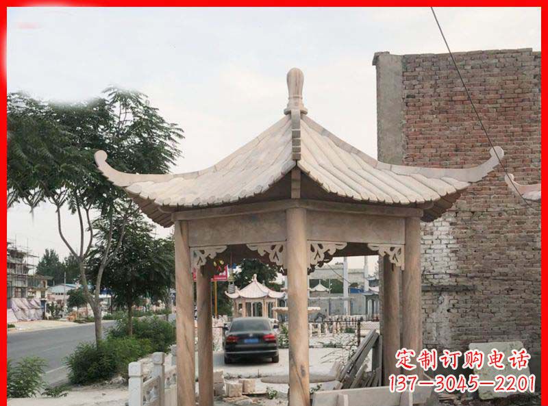 公园晚霞红六角石雕凉亭 (5)