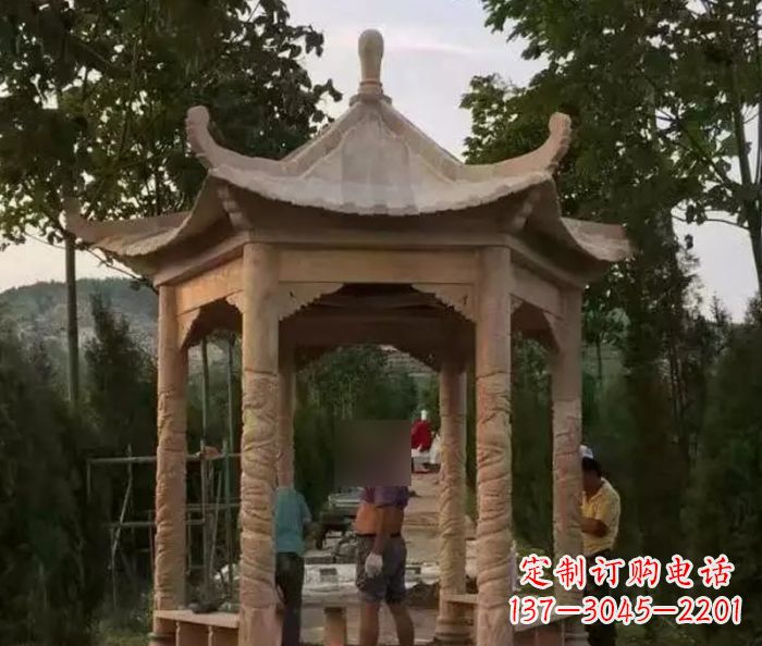 公园晚霞红六角石雕凉亭 (9)