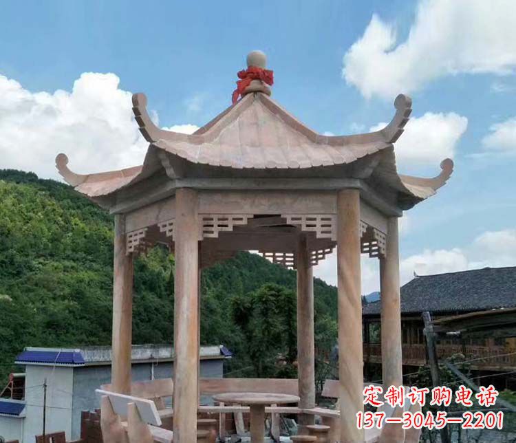一流的公园晚霞红六角石雕凉亭 一流的公园晚霞红六角石雕凉亭