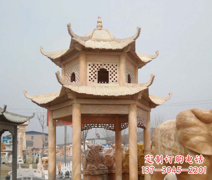 红双层六角石凉亭雕塑 红双层六角石凉亭雕塑