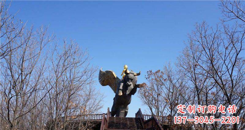 公园站在飞牛上的小男孩景观铜雕