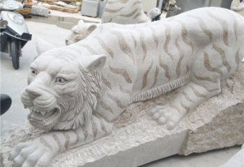 中领雕塑精美大型老虎石雕，精雕细琢展现雄壮气势