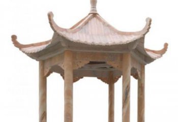 美丽而优雅的公园晚霞红六角石凉亭雕塑