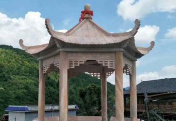 一流的公园晚霞红六角石雕凉亭