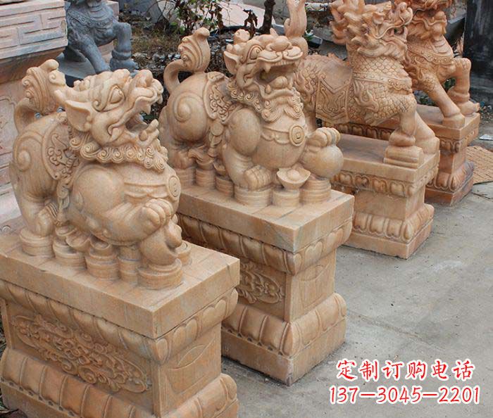 古代神兽晚霞红貔貅石雕