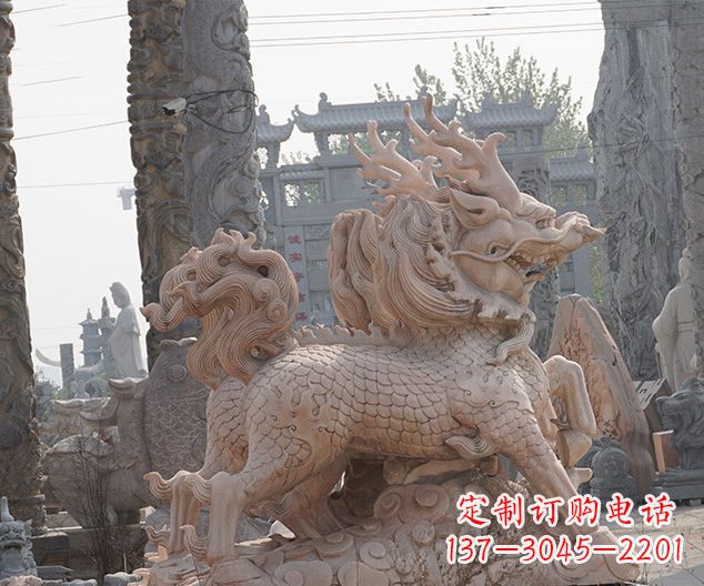 古代神兽晚霞红麒麟石雕