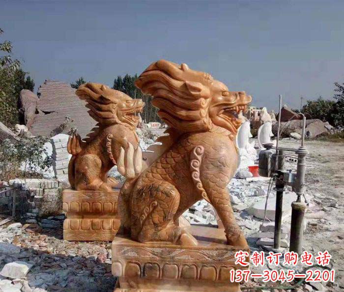 古代神兽晚霞红石雕麒麟