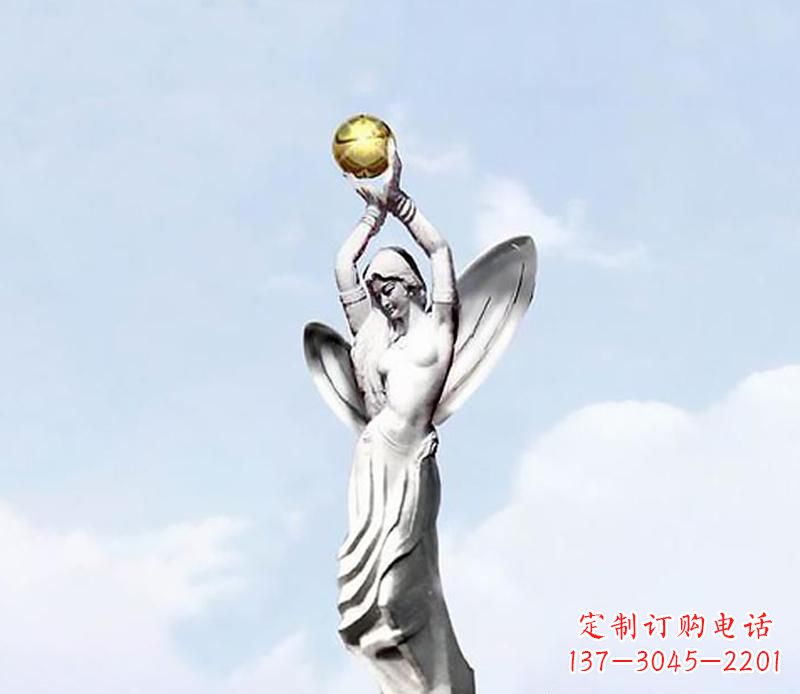 广场不锈钢创意女人双手捧球景观雕塑