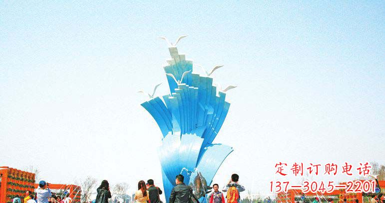 广场不锈钢海鸥和海浪雕塑