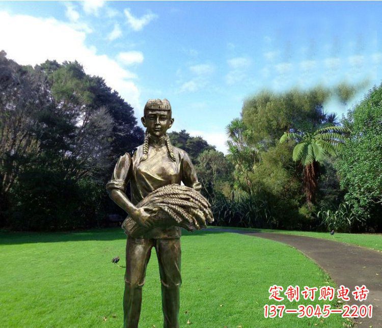 广场铜雕捡麦穗人物雕塑