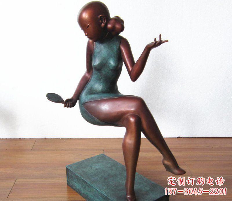 广场铜雕美女照镜子人物雕塑
