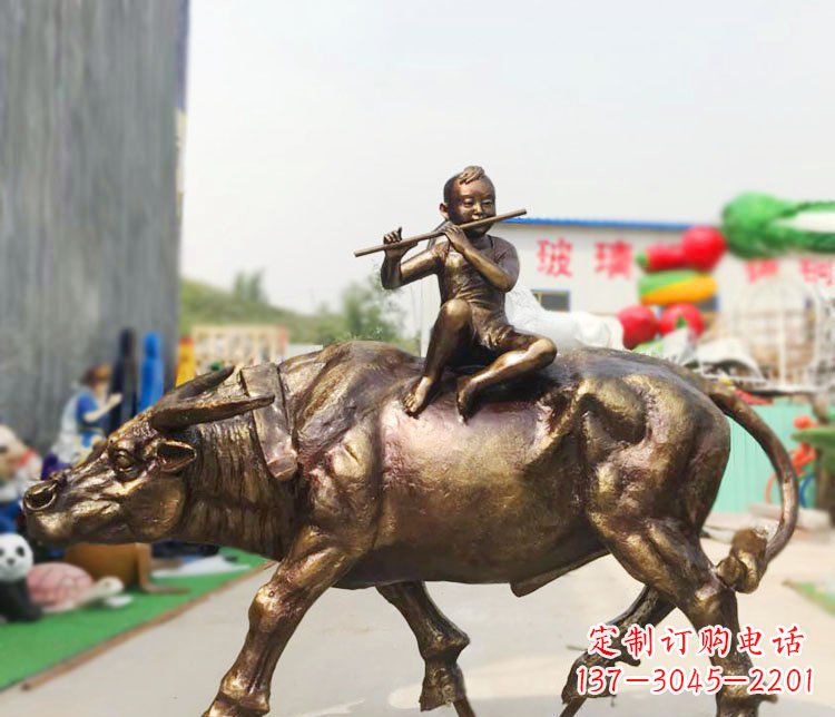 广场铜雕牧童吹笛动物雕塑