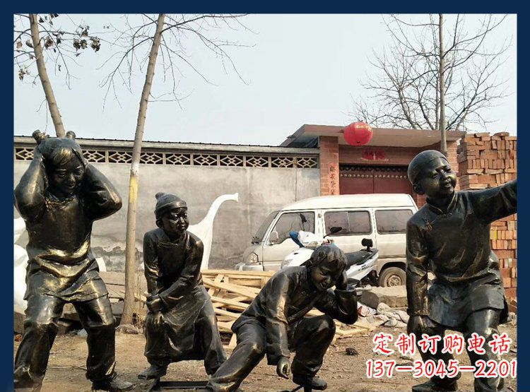 广场铜雕迎新年鞭炮小品人物雕塑