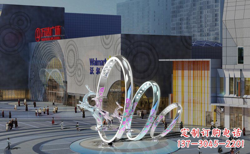 广场云间鹿跃不-锈-钢-雕-塑-