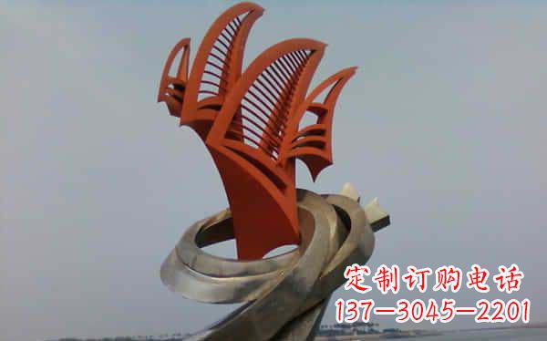 海边不锈钢海浪和帆船雕塑