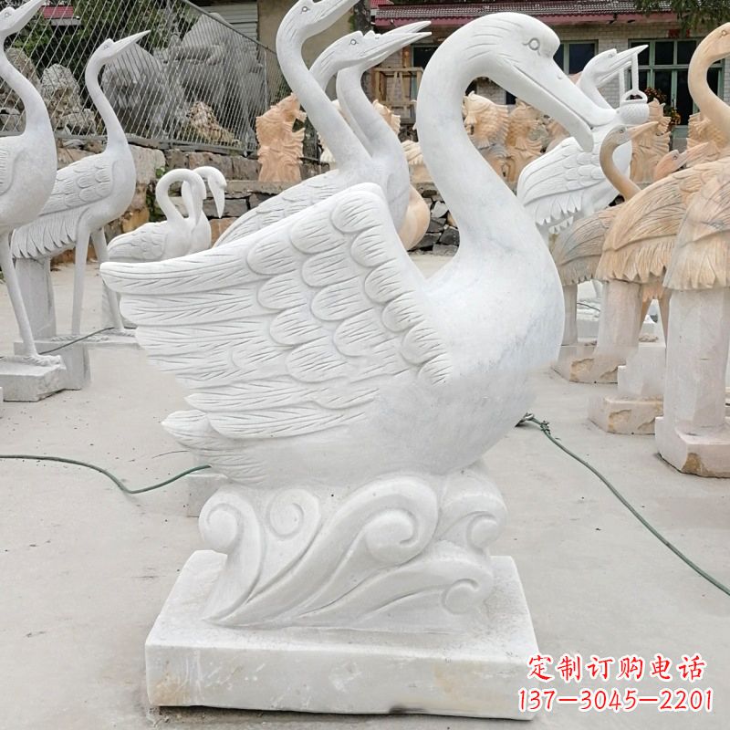 汉白玉大理石吐水天鹅,水景水池装饰动物雕塑