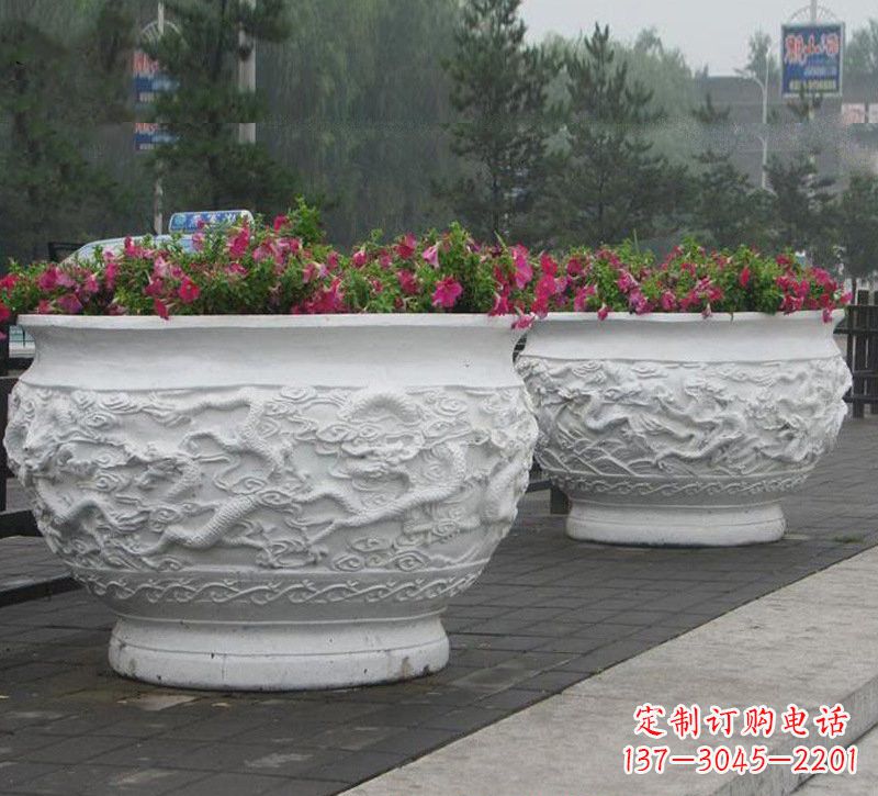 汉白玉公园龙浮雕花盆