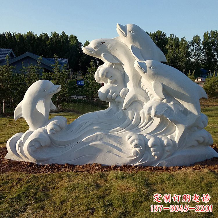 汉白玉海豚石雕-公园园林动物景观摆件