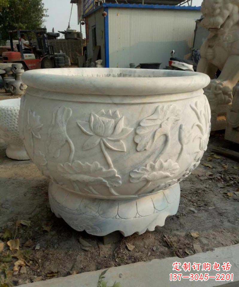 汉白玉荷花石浮雕水缸