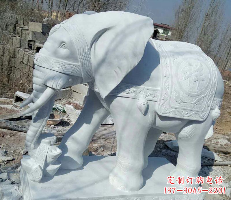 汉白玉吉祥门口鼻卷如意大象石雕